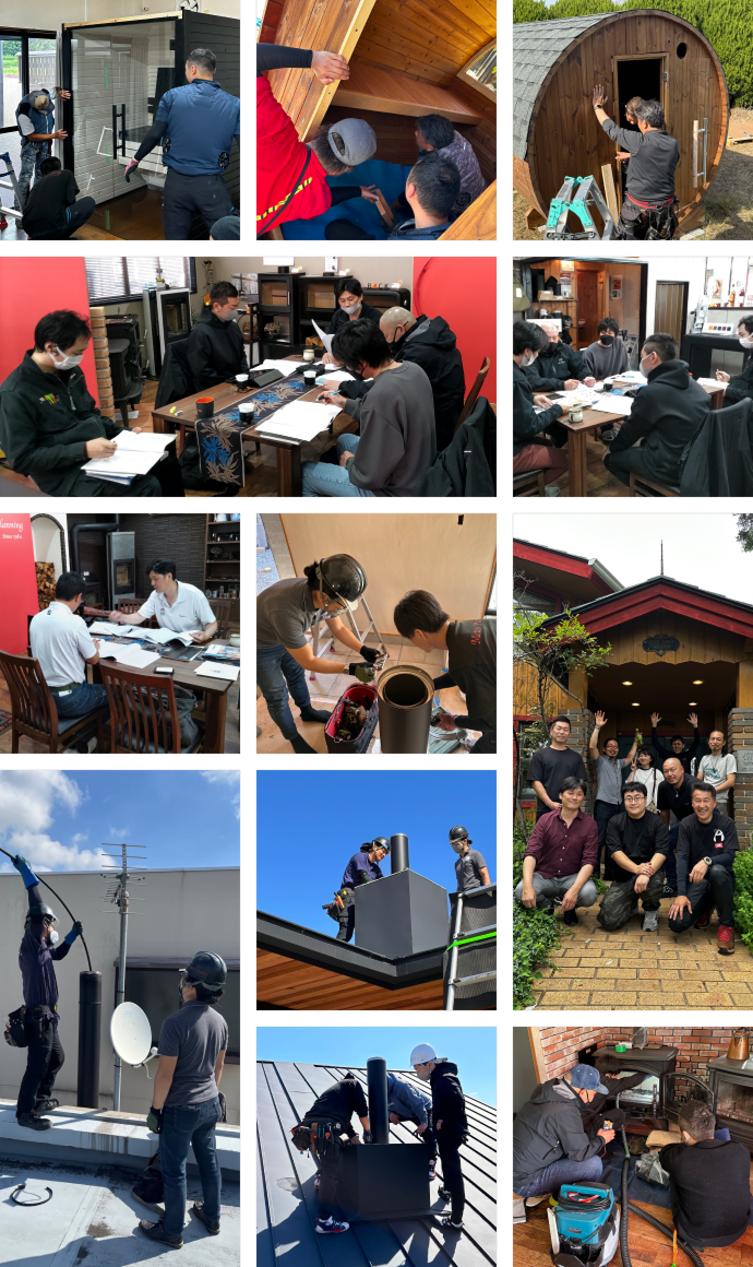 研修風景、サウナ、薪ストーブ施工風景